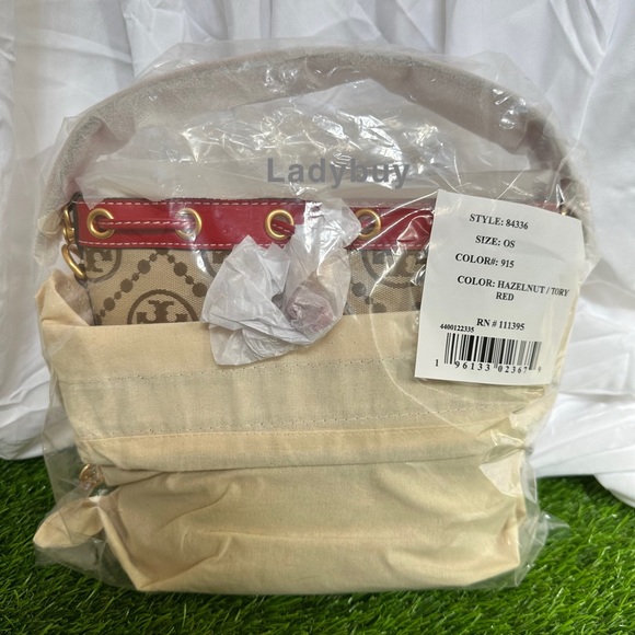 ❇️Tory Burch T Monogram Jacquard Bucket Bag Crossbody Hazelnut Tory Red Gold - Picture 2 of 8
